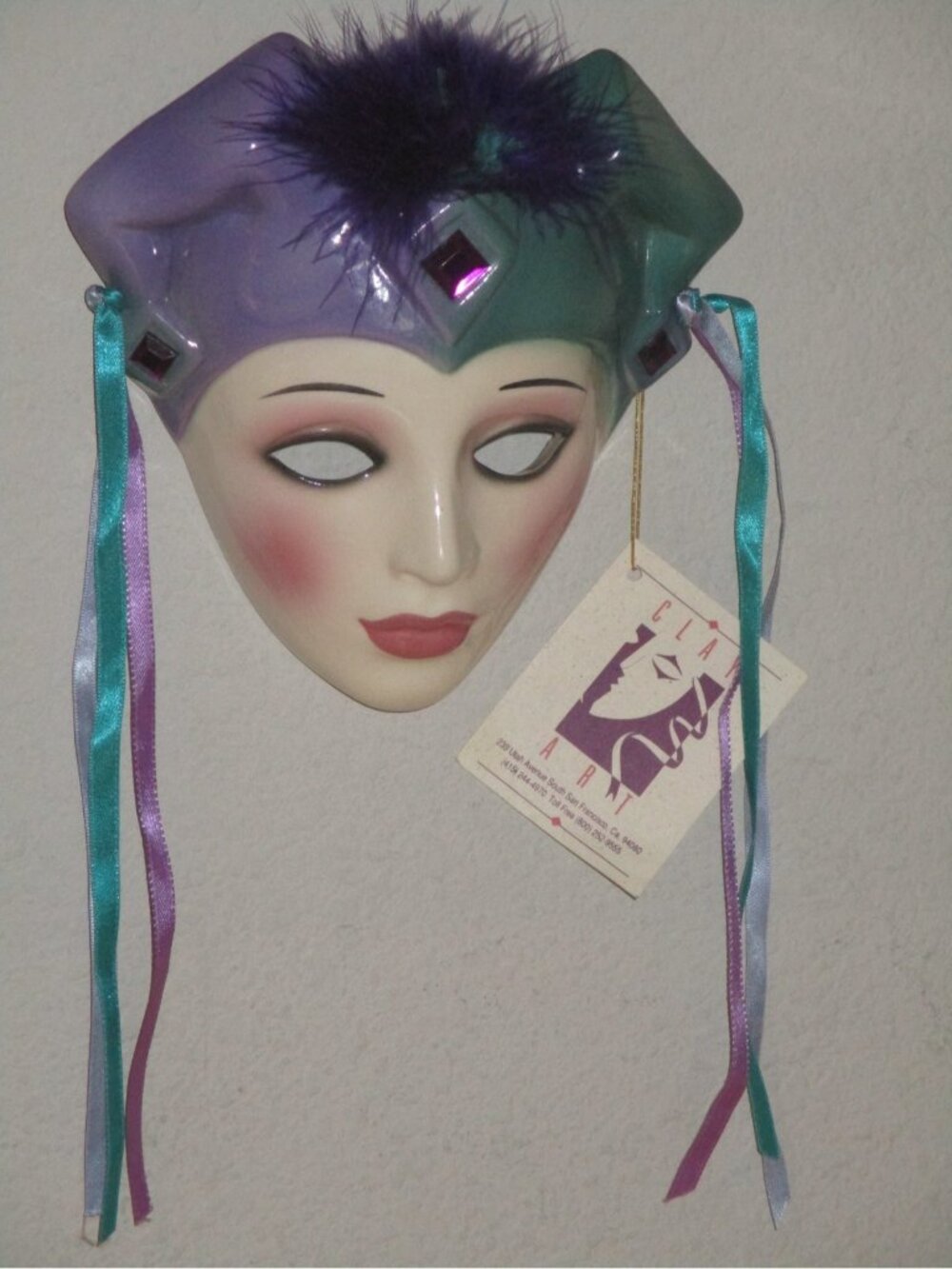 Clay Art of San Francisco About Face Ceramic Jester Wall Mask Purple Teal New